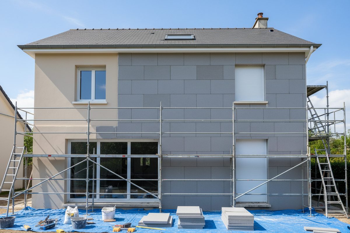 Isolation thermique par l'extérieur en cours de pose sur une façade