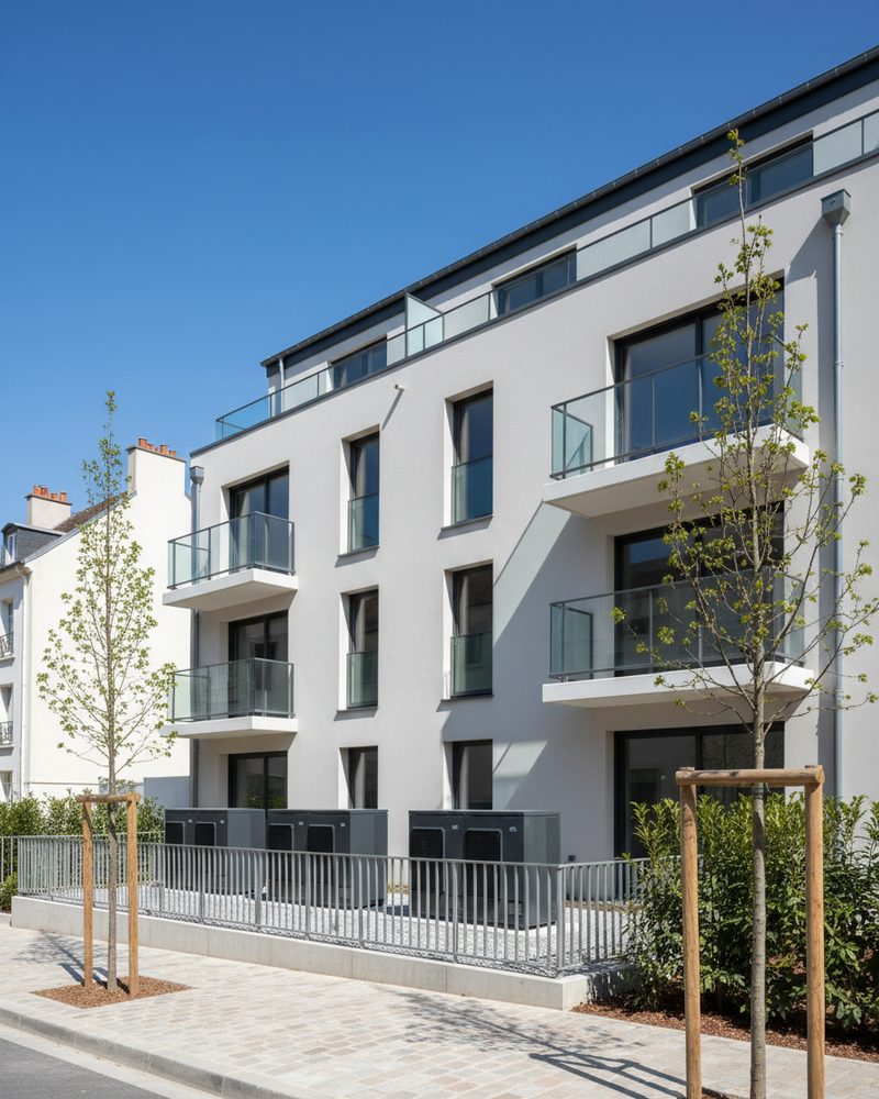 Résidence collective équipée de pompes à chaleur en pied d'immeuble