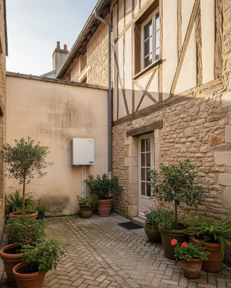 Cour de maison de ville avec pompe à chaleur compacte murale