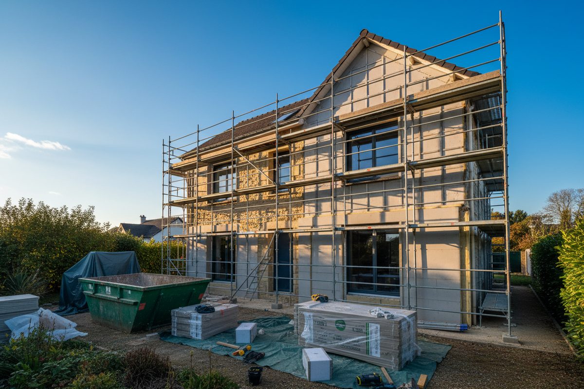 Maison en rénovation énergétique complète avec échafaudage et isolation extérieure